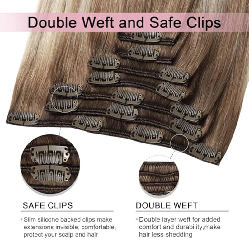 Pro2.0 Clip in Hair Extensions Real Human Hair 120g Thick 7pcs Color #8/60 Ash Brown to Platinum Blonde Remy Real Human Hair Extensions Clip ins 14inch Double Weft£¨#8/60-14inch£©