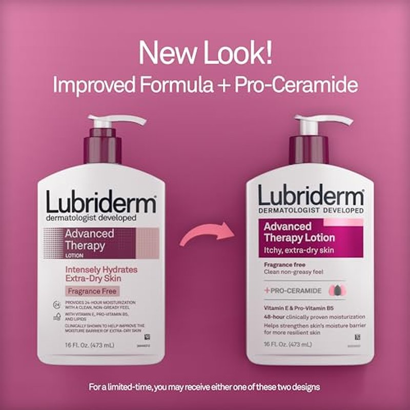 Lubriderm Advanced Therapy Fragrance-Free Moisturizing Lotion with Vitamins E and Pro-Vitamin B5, Intense Hydration for Extra Dry Skin, Non-Greasy Formula, Pack of Three, 3 x 16 fl. oz