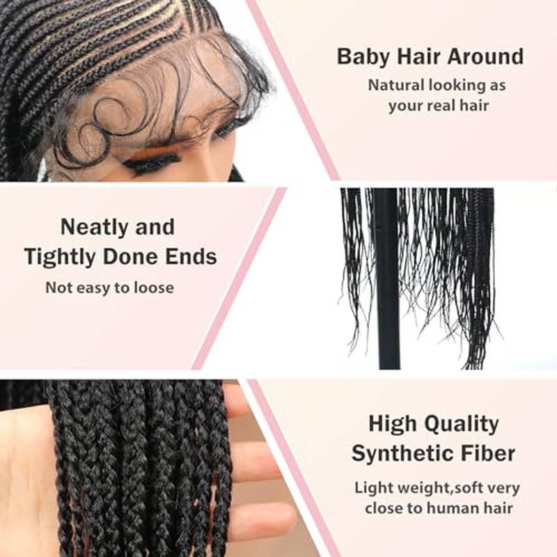 13X6 HD Lace Front Cornrow Braided Wigs for Women Knotless Braided Wigs 32" Box Braid Wig with Baby Hair Premium Synthetic Lemonade Braids Natural Looking Hair Black Braided Lace Front Wigs