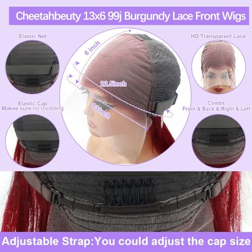 CHEETAHBEAUTY 99j Burgundy Lace Front Wigs Human Hair 16Inch 13x6 Burgundy Wig Human Hair 220% Density Brazilian Virgin Straight Human Hair Wigs for Women Pre Plucked with Baby Hair