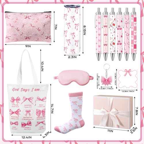 Sieral 14 Pcs Christmas Coquette Pink Bow Gift Set for Santa Women Include Pink Bow Tote Bag 20oz Stainless Steel Cup Socks Gel Ink Pens Sticky Keychain Eye Mask for Gifts