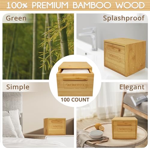Luxe Bamboo Towel Container (Bamboo Box Towel Holder) with Disposable Face Towels Biodegradable Large Dry Wipes 100 Count Extra Thick Soft Clean Facial Towels for Facial Cleansing
