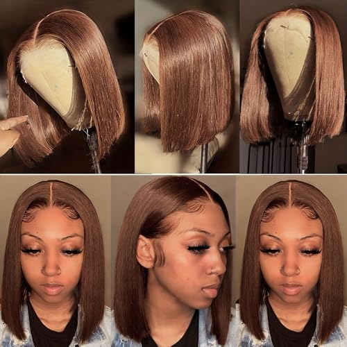 Brown Front Bob Wig Human Hair 13x4 HD Lace Front Wig 100% Unprocessed Brazilian Virgin Human Hair #4 Bob Wigs Pre Plucked Natural Hairline with Baby Hair Brown Color Bob for Women(8")