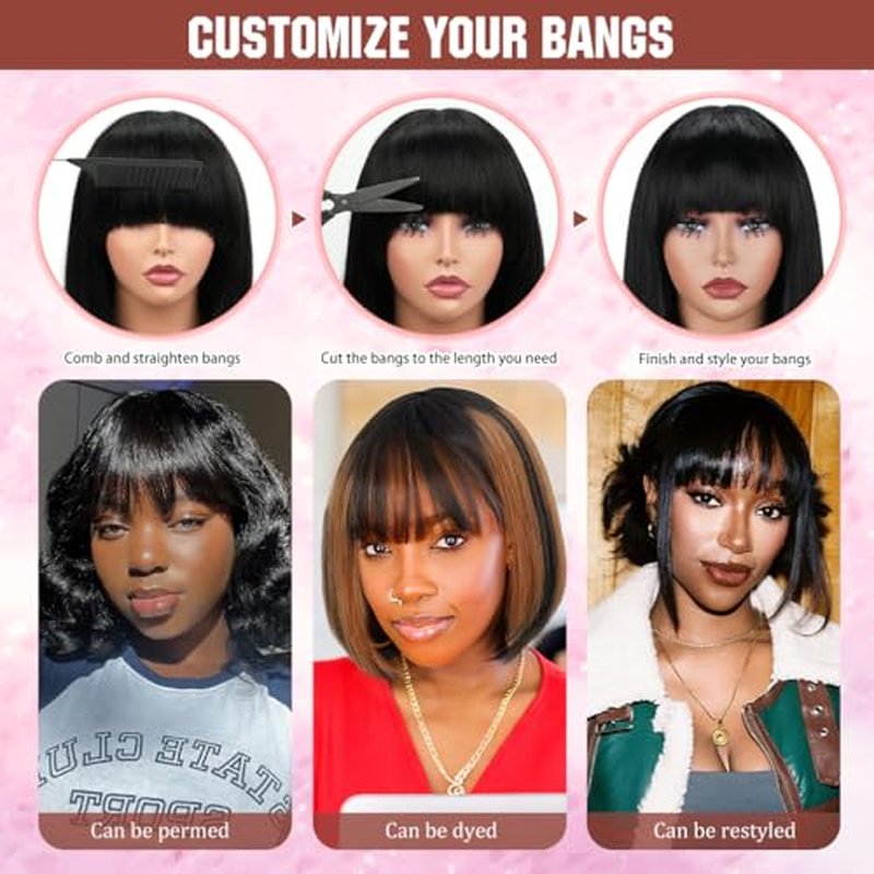 Bob Wig with Bangs Human Hair 200 Density Short Glueless Wigs Ready to Go Straight Bob Bangs Wig for Women Natural Black 14 Inches