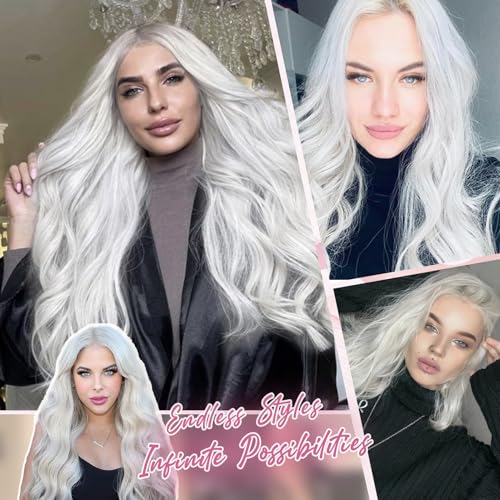 MYQUEEN White Wig for Women Long Wavy Wig 26 Inch Glueless Curly Synthetic Lace Front Wig Middle Part Natural Looking Heat Resistant Fiber Wig for Party Holloween Cosplay