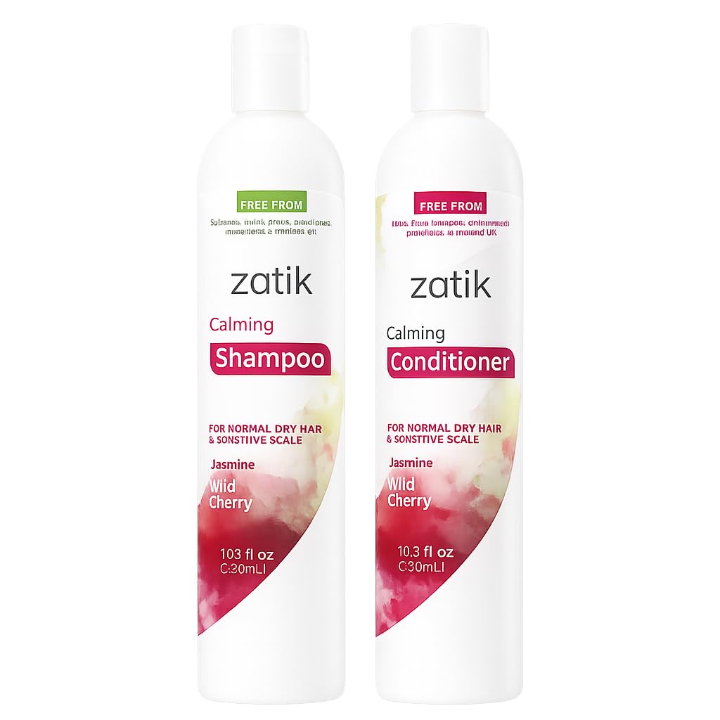 Zatik Naturals - Calming Shampoo + Conditioner Set, with Jasmine and Wild Cherry for Dandruff - Vegan Biodegradable, pH Balanced, FREE FROM EDTA, PEG, Paraben, phthalates, 10.8 oz (One each)
