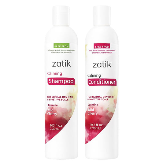 Zatik Naturals - Calming Shampoo + Conditioner Set, with Jasmine and Wild Cherry for Dandruff - Vegan Biodegradable, pH Balanced, FREE FROM EDTA, PEG, Paraben, phthalates, 10.8 oz (One each)
