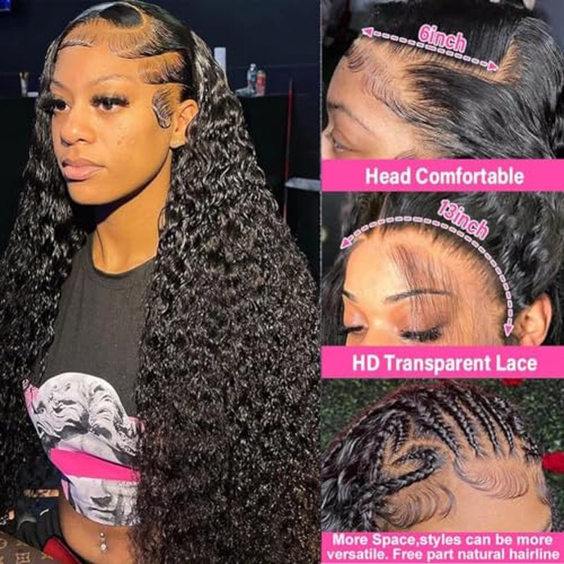13x6 Deep Wave Lace Front Wigs Human Hair 200% Density 13x6 HD Transparent Lace Frontal Wigs Human Hair for Women Glueless Deep Curly Wig Pre Plucked With Baby Hair Natural Black 28 Inch