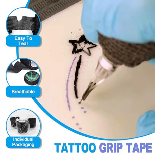 3MM Tattoo Fake Skin and Grip Tape Kit - 17Pcs 3MM Fake Tattoo Skin Practice and Grip Wrap Kit Including 5pcs 3MM Thick Tattoo Skin and 12pcs Self Cohesive Bandage Elastic Machine Tape for Beginners