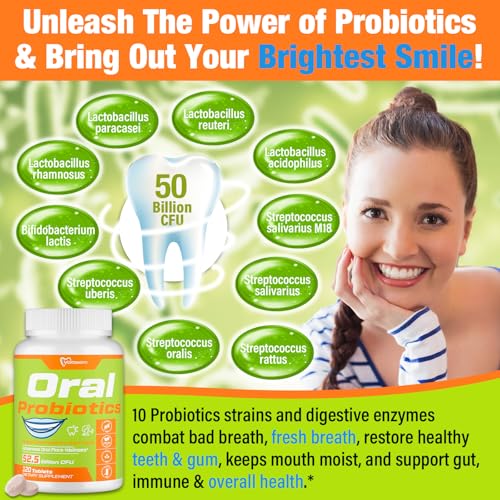 Oral Probiotics for Mouth Bad Breath Treatment for Adults, 50 Billion CFU, 19-in-1 Advanced Dental Probiotic for Teeth & Gum Restore, Fresh Breath, Dry Mouth, Gut & Overall Health - 120 Tablets