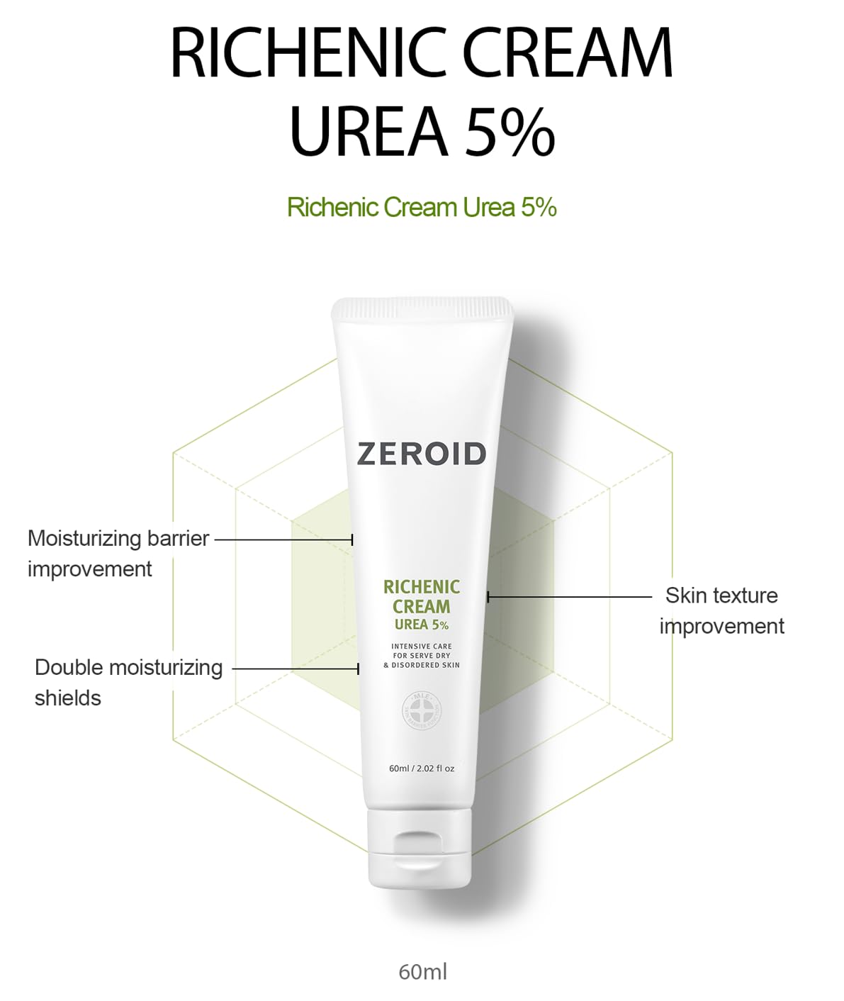 Zeroid Richenic Cream - Urea 5% Moisturizer for Dry Skin | Korean Dermocosmetic | 2 fl oz (60ml)