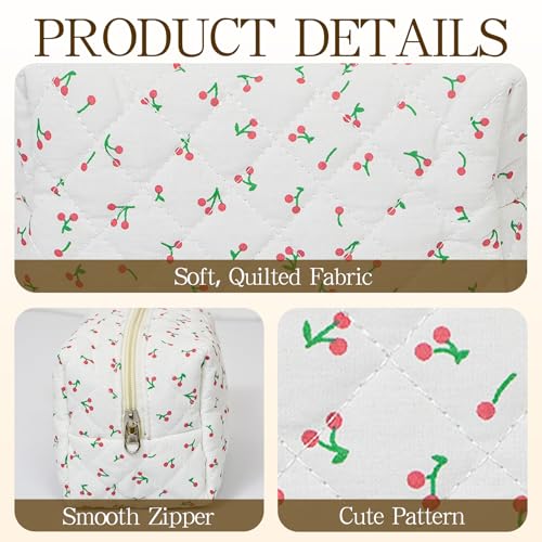 Quilted Makeup Pouch,Cotton Puffy Makeup Bag, Coquette Cosmetic Bag for Women and Girls, Aesthetic Organizer Bag, Cute Flower Travel Toiletry Bag