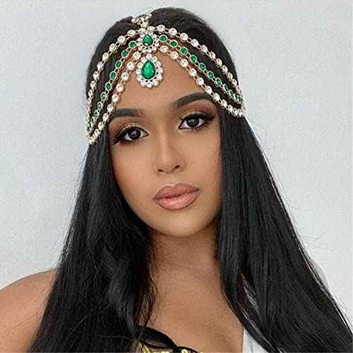 Xerling Green Crystal Pendant Head Chain Boho Layered Rhinestones Forehead Headpiece Tassel Head Jewelry for Women Wedding Hair Clip Accessories for Brides (Green-Silver)