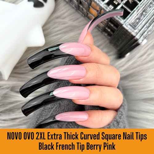 NOVO OVO Halloween Black XXL Curved Square French Tip Nail Tips Press on BERRY PINK, Full Cover Extra Thick Long XL Acrylic Hawk Curve Fake Extension Kit, Need Top Coat for Salon DIY 12 Sizes 144 pcs