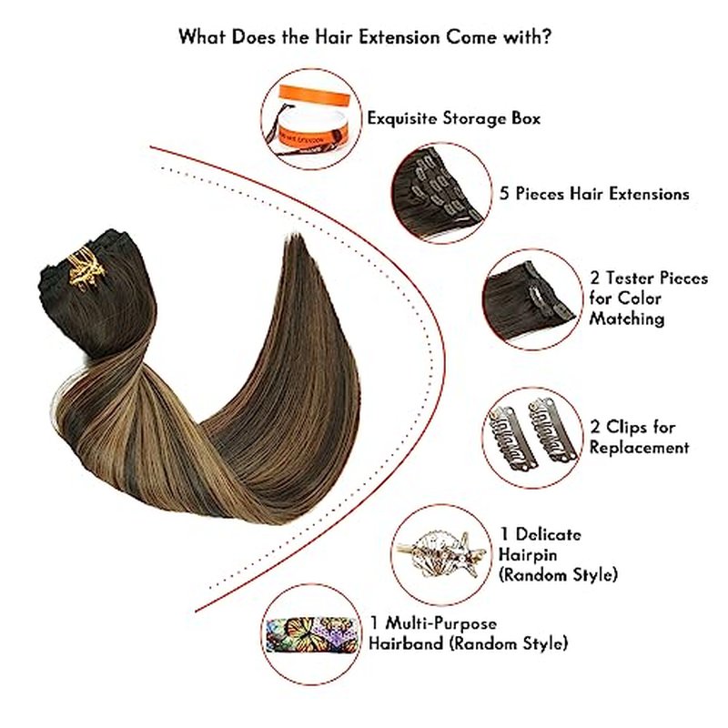 SEACOLOR Stock Clearance: 16 Inch, 140g Balayage Dark Brown mixed with Chestnut Brown Remy Clip In Hair Extensions, 100% real Human Hair Highlights on Dark Brown Hair #T2/6/2