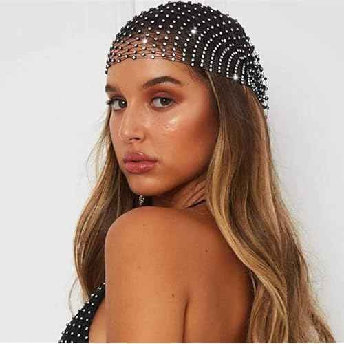 JEAIRTS Rhinestone Head Scarf Sparkly Mesh Headband Stretchy Crystal Nightclub Headwrap Rave Hair Accessories for Women (1-Black, Free Size)