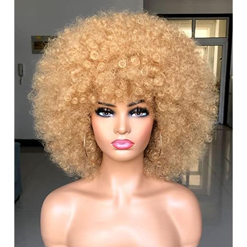 Short Afro Wig with Bangs for Black Women Afro Kinky Curly Wig 70s Premium Synthetic Big Afro Wigs(Blonde,Cap size:22.5-23inch)