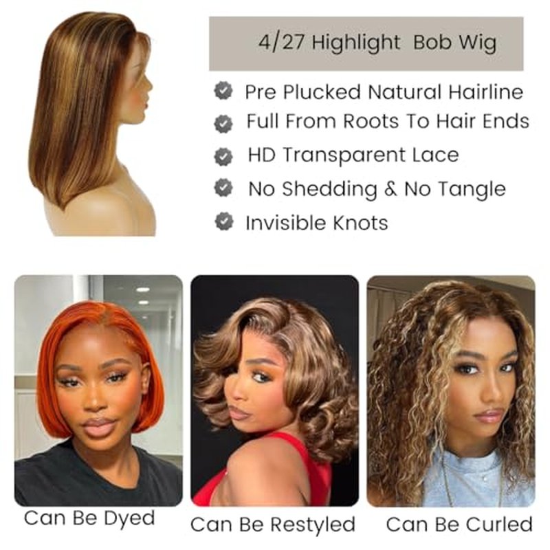 ALHER Short Bob Wig 4/27 Honey Blonde Highlight, 12A Straight Small Cap 13x4 Lace Frontal Wigs Human Hair Pre Plucked With Baby Hair, Small Cap Wig Size 21-21.5 180% Density for Black Women 12 Inch