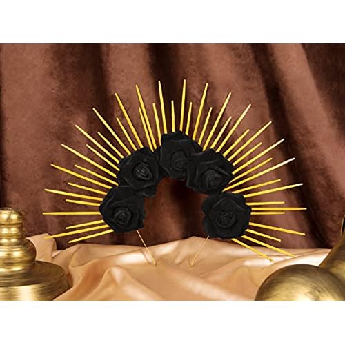 Fantherin Halo Crown with Roses Womens Mexican Flower Goddess Rose Spiked Sun Headpiece for Cosplay Halloween Costume