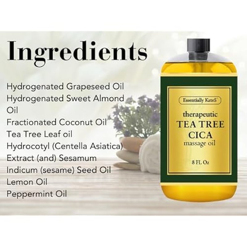 Essentially KateS Tea Tree Oil CICA Massage Oil 8 Fl Oz - Purifying, Invigorating and Hydrating - Soothes Sore Muscles and Joints - Centella asiatica