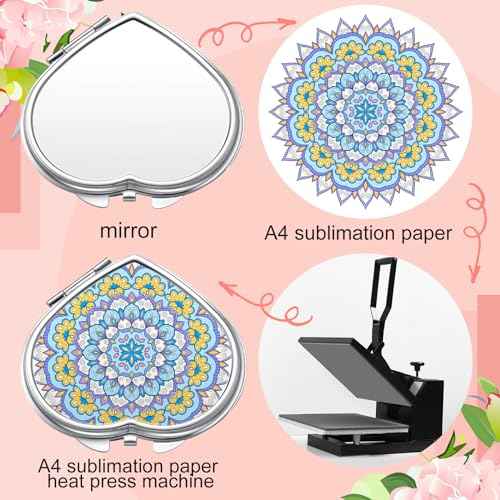 Jetec 6 Pcs Sublimation Blanks Products Small Compact Mirror Bulk Heat Transfer Folding Pocket Makeup Mirror Heart Round Double Sided Handheld Mirror Sublimation Mirror for Women Gift Purse Travel