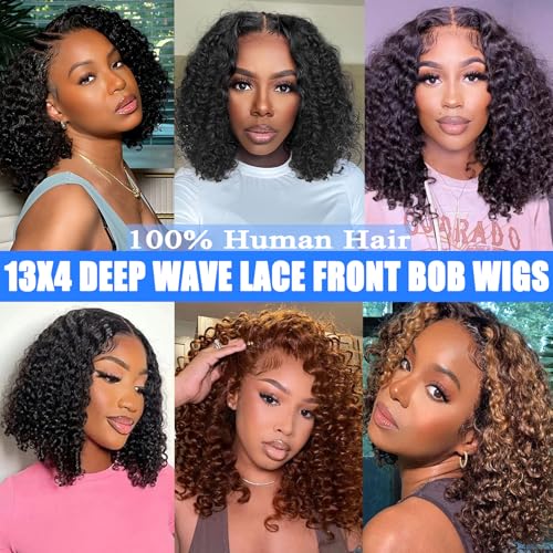 13x4 HD Lace Front Bob Wigs Human Hair Deep Wave Pre Plucked Short Curly Bob Wig Human Hair Transparent Lace Frontal Wigs for Black Women Natural Black 12 Inch