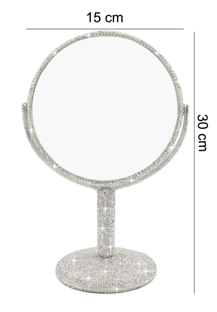Bestbling Bling Rhinestone Portable Magnified Double Sided Swivel Makeup Vanity Mirror, 360°Rotate Makeup Mirror Round Shaped Two-Sided Makeup Mirror (Silver)