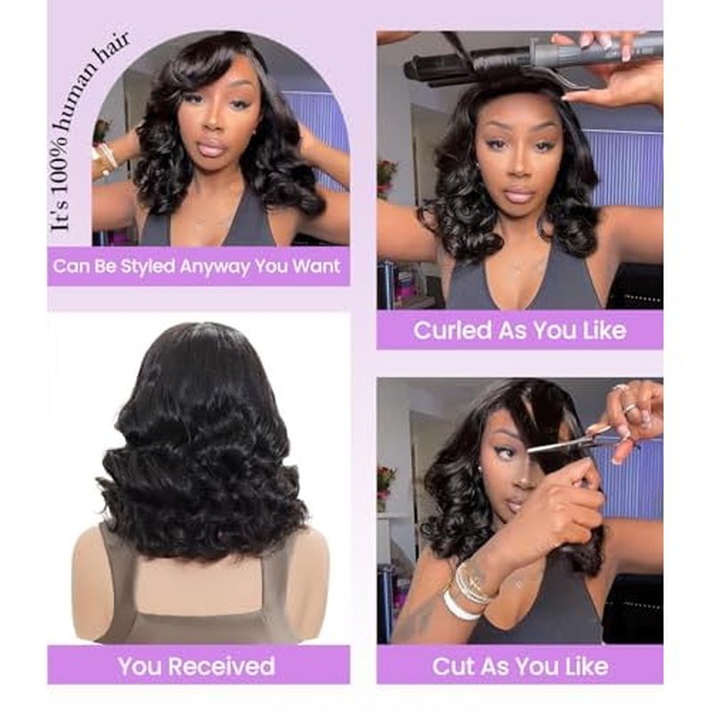 Bouncy Loose Wave Wig Human Hair Wigs for Black Women Glueless Wig Human Hair Pre Plucked Pre Cut 6X5 Loose Body Wave Lace Front Short Bob Wig Ready to Wear Wigs Glueless Human Hair