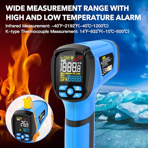 Infrared Thermometer Temperature Gun, -40¢µ to 2192¢µ Dual Laser High Temp Thermometer with LCD Color Display, Non-Contact Industrial Pyrometer 50:1 Distance Ratio, Adjustable Emissivity