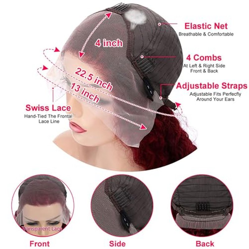 Deep Wave Lace Front Wigs 99j Burgundy 13x4 Deep Curly HD Transparent Lace Frontal Wig for Women 180% Density Glueless Wine Red Colored Human Hair Wig Pre Plucked Super Soft 18inch