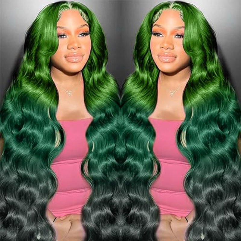 Ombre Green Lace Front Wigs Human Hair Body Wave 13x4 HD Glueless Lace Front Wig 3 Tone Light to Dark Green Colored for Fashion Women 180% Density 20 Inch