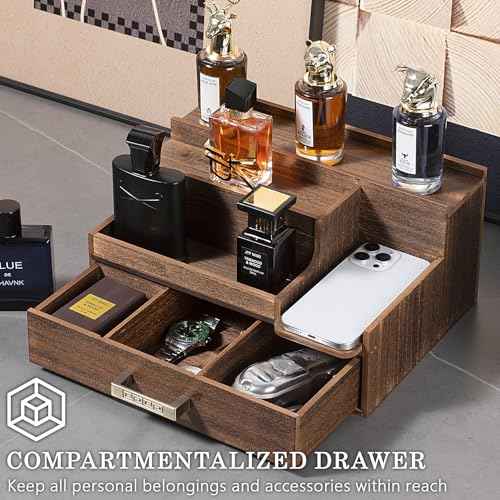 Cologne Organizer for Men, 3 Tier Perfume Display Stand with Drawer and Hidden Compartments, Stylish Wooden Mens Cologne Holder for Dresser Storage, Great Gift for Men/Fathers, Deep Brown