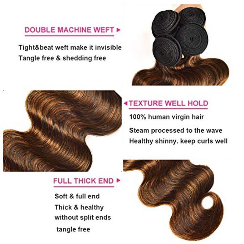 UNice Brown Highlight Body Wave Human Hair Weave 3 Bundles 8 10 12 inch, Brazilian Remy Hair Ombre Blonde Human Hair Wavy Weaves Sew in Piano Color TFB30
