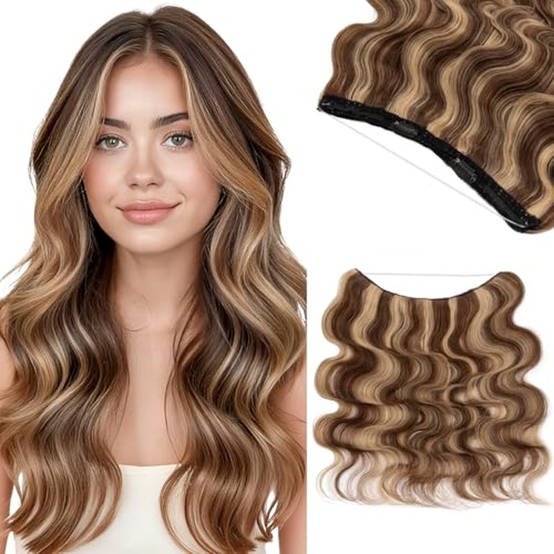 Halo Hair Extensions for Women Human Hair with Invisible Transparent Wire Adjustable Size 2 Secure Clips Long Wavy Secret Hairpiece 18 Inch 4RP27R Medium Brown Mixed Dark Blonde