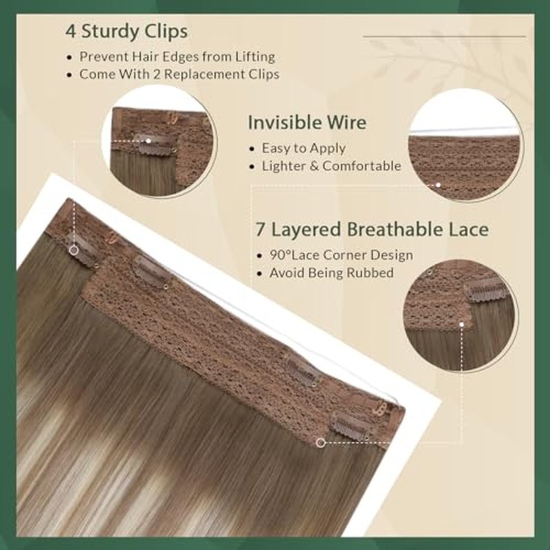 Ugeat Wire Hair Extensions Brown Balayage Hair Extensions Real Human Hair Light Brown Balayage Platinum Blonde Balayage Invisible Wire Extensions with Fish Line 80g 18 Inch