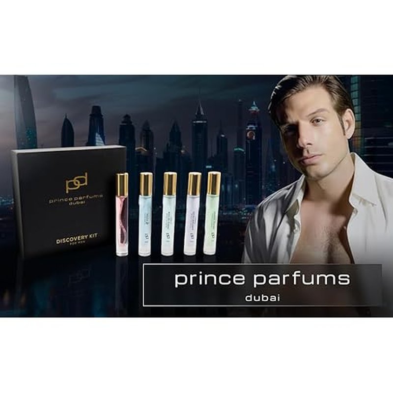 Prince Parfums Dubai ? Men¡¯s Discovery Kit ? 5 Luxury Extrait de Parfum Sprays (10ml Each) ? Wafa, Majestic Oudh, Bois de Guaiac, Azura Bergamot & Amber Woods ? Long Lasting Cologne Gift Set for Him