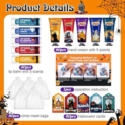 60 Pack Halloween Hand Cream and Lip Balm Set for Women, Bulk Hand Lotion for Halloween Gifts, Halloween Party Favors, Party Supplies, Decorations, Goodie Bags with Halloween Card and Organza Bags