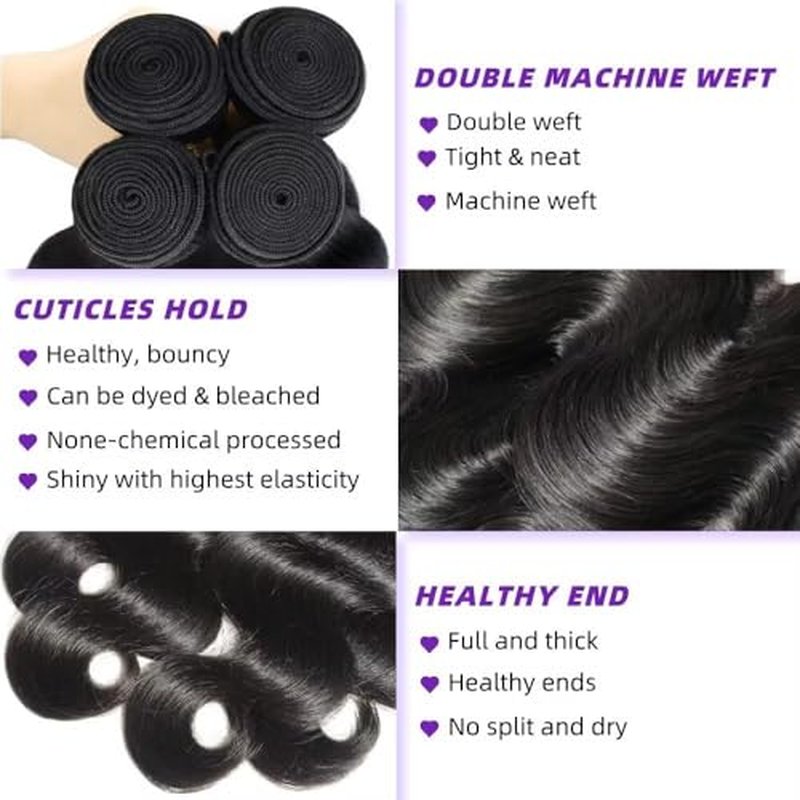 Body Wave Bundles Human Hair 18 20 22 24 Inch Human Hair Bundles 100% Unprocessed Brazilian Virgin Quick Weave 4 Bundle Human Hair Extensions for Black Women Natural Color