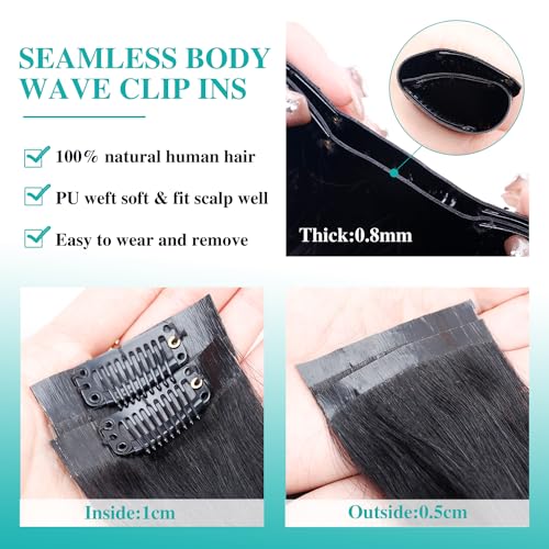 Seamless Clip In Hair Extensions Real Human Hair Invisible PU Skin Weft Body Wave Clip Ins 100% Unprocessed Brazilian Remy Human Hair Extensions 7pcs with 16Clips 100g£¨Natural Black,12 inch£©