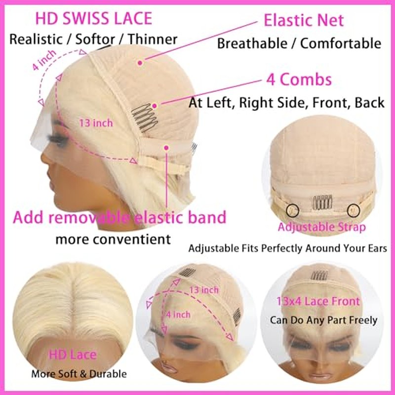 613 Blonde Bob Wig Human Hair 13X4 HD Transparent 613 Lace Front Wig Human Hair for Women 180% Density Frontal Wigs Pre Plucked with Baby Hair Glueless Straight 613 Bob Wigs 16 inch