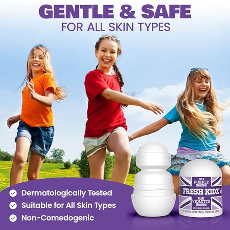 Fresh Kidz Roll On Deodorant for Kids and Teens - Baking Soda and Aluminum-free 24 Hour Protection for Sensitive Skin - Girls "Purple" 1.86 fl.oz. (2 Pack)