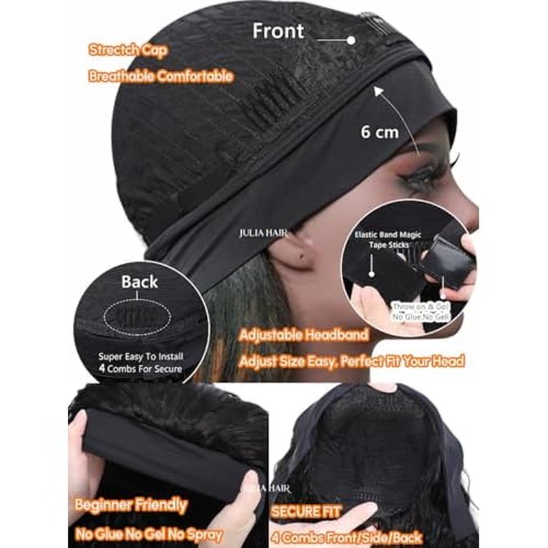 Julia Hair 12A Headband Wig Human Hair Yaki Straight Glueless None Lace Half Wig With Pre-attached Scarf Ombre Chestnut Brown Highlight With Dark Roots for Black Women Put on and Go 20 Inch