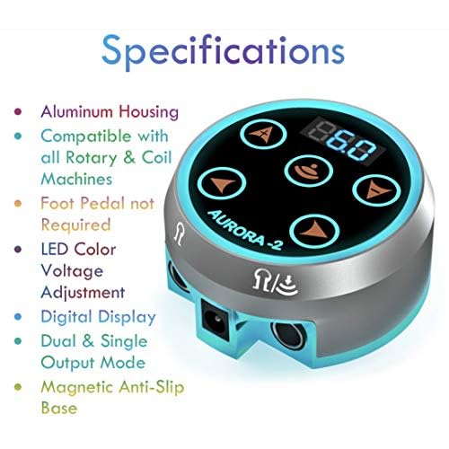 Aurora II Professional Tattoo Machine Power Supply- Touchscreen, Digital Display & Color LEDs (Silver)