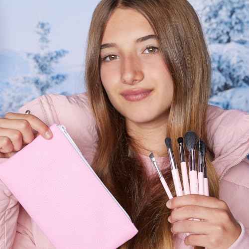 Petite N Pretty Essential Eyeshadow Brush Set with Duck Clips - Pink Makeup Bag, 6 Artist Brushes & Hair Accessories for Girls, Kids, Teens, and Tweens