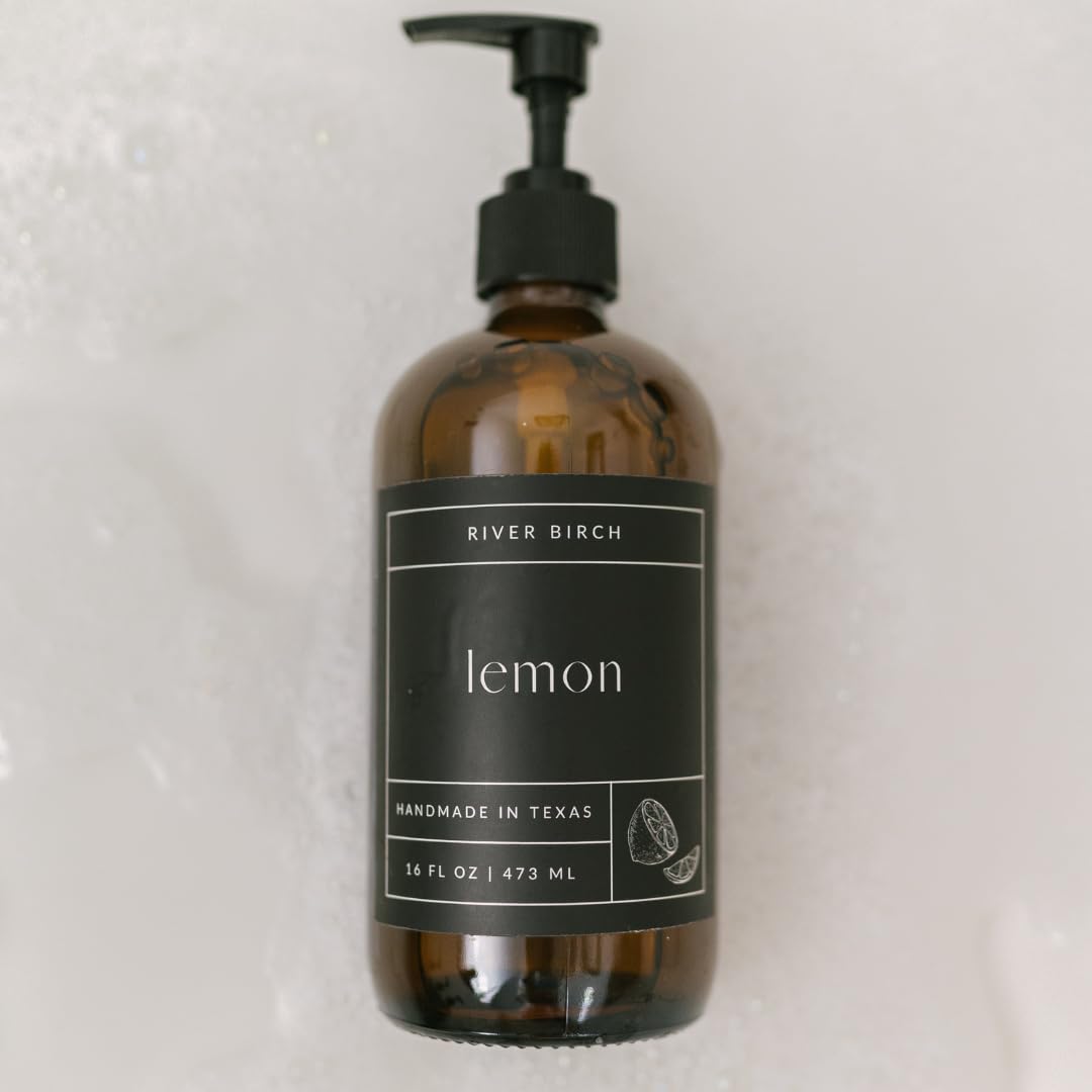 Lemon Scented Natural Hand Soap - Moisturizing Vegan Soap with Amber Glass Dispenser | 16 Fl Oz