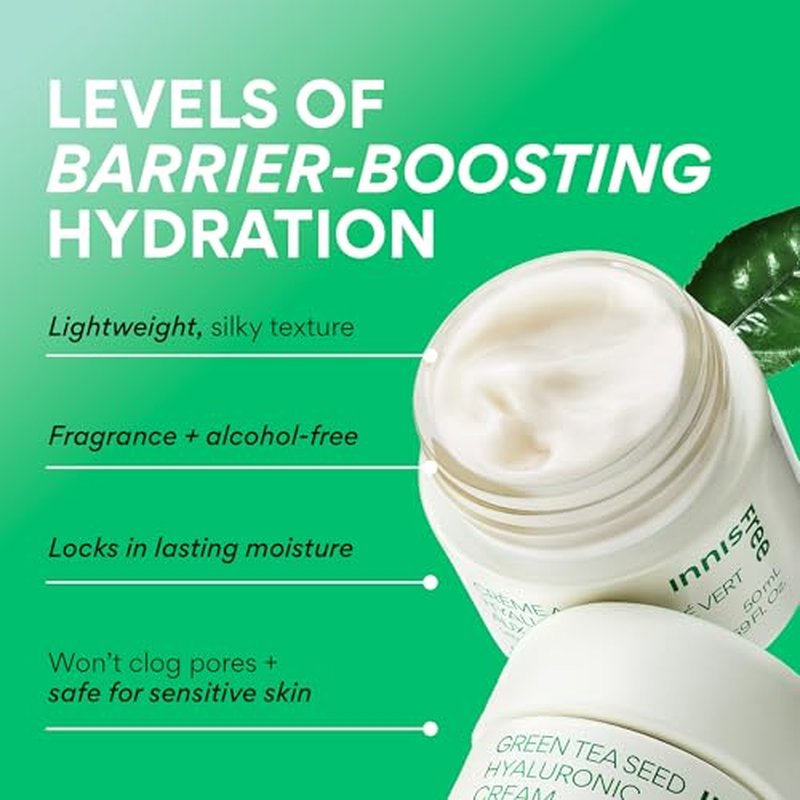 innisfree Green Tea Seed Hyaluronic Acid Cream with Barrier Boosting Complex & Ceramide, Hydrating Korean Face Moisturizer and Balancing Cream