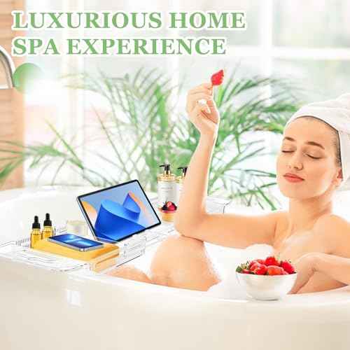 Expandable Drain Bath Caddy Tray for Tub, YOCOMEY Multifunctional Acrylic Bathtub Tray Bathroom Organizer, Simple Bathtub Table Trays Storage Rack for Candle Towel Book Wine Phone Shower(Clear)