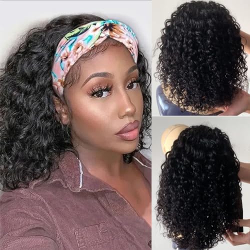 Short Headband Wigs for Black Women Water Wave Human Hair No Glue Curly Headband Wig Human Hair Curly Brazilian Virgin Hair 150% Density No Gel No Lace Wigs Natural Black Headband Wig (14inch)