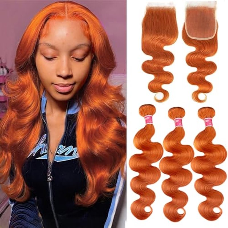 Ginger Bundles Human Hair With Closure Body Wave 14 16 18+14 In, 10A 350 Ginger Human Hair Bundles with 4x4 HD Closure Soft And Shed-Free 350 Copper Orange Body Wave Bundle