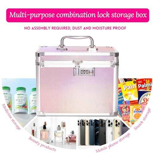 Girls Makeup Box Organizer Storage with Combination Lock, Pink Locking Makeup Cosmetic Train Case for Women, 9.96" x 6.8" x 7.79" Travel Make up Box Aurora
